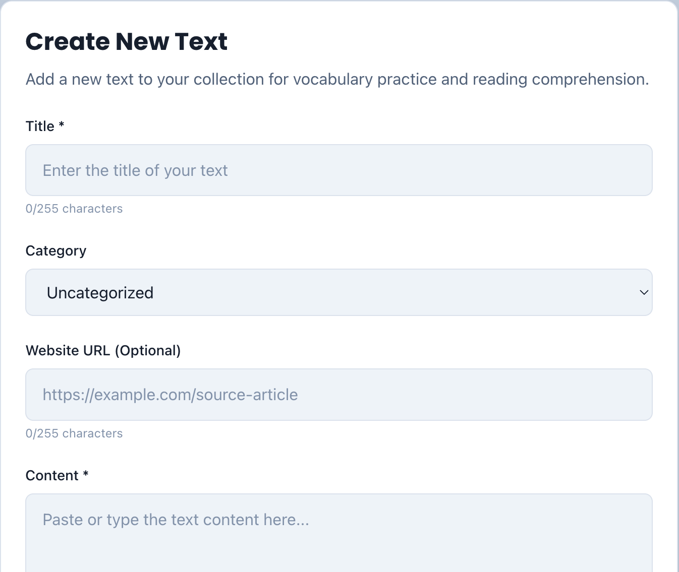 Screenshot showing: Create your own texts