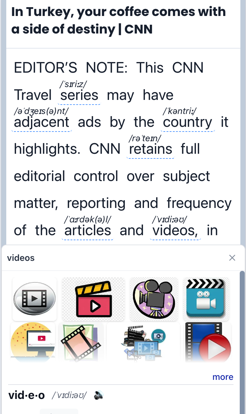 Screenshot showing: On mobile: Shadow English with IPA and audio above each clicked word